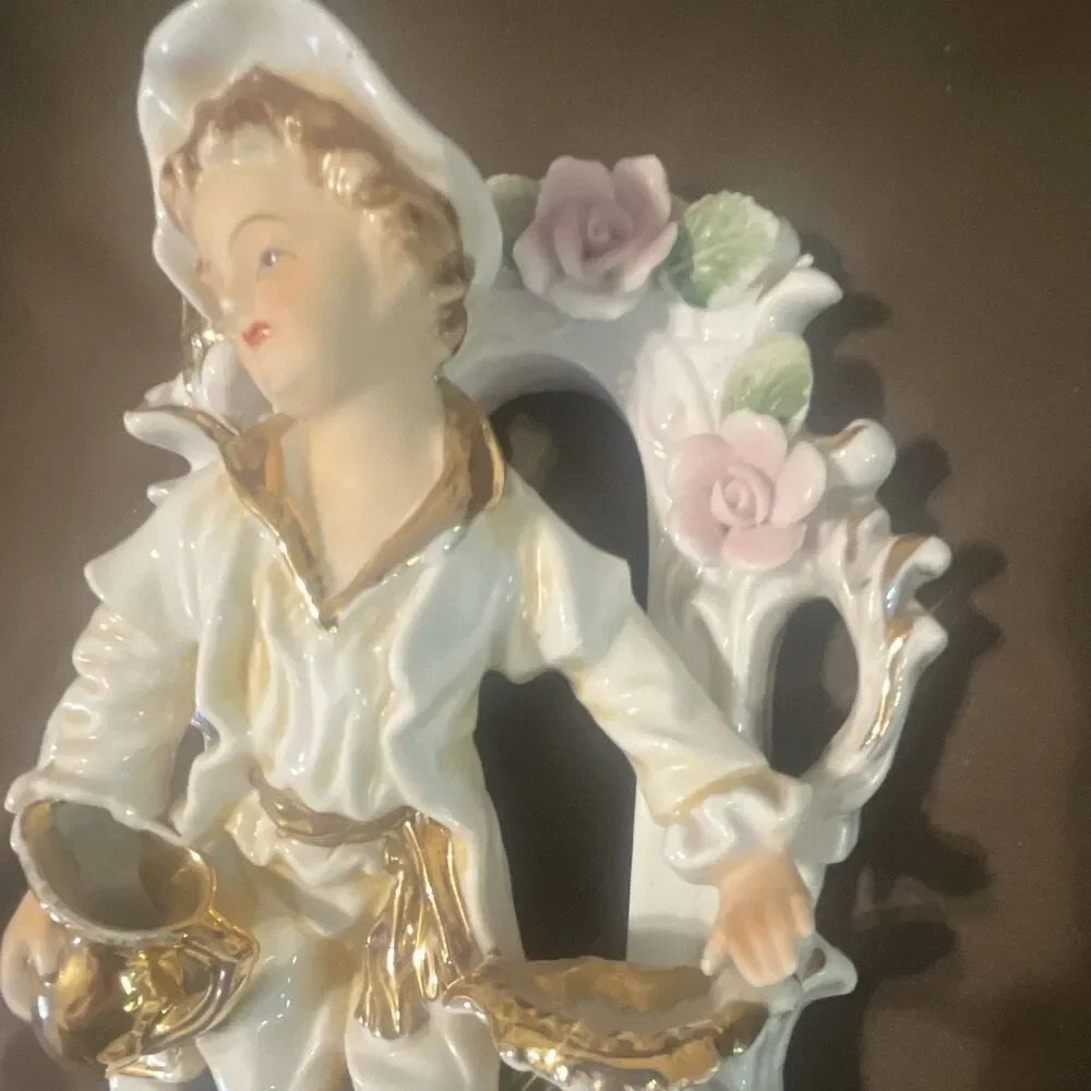 Vintage Porcelain Figurine Candle Holder Glossy White Gold Pink Floral